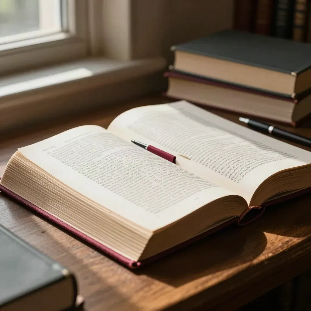 Otwarte tomy prawa z bordowymi zakładkami i ciemnym piórem w ciepłej bibliotece