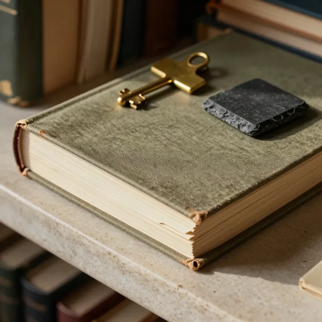 Zbliżenie notesu z zakładkami, mosiężnym klipsem i łupkowym przyciskiem na jasnym kamieniu.