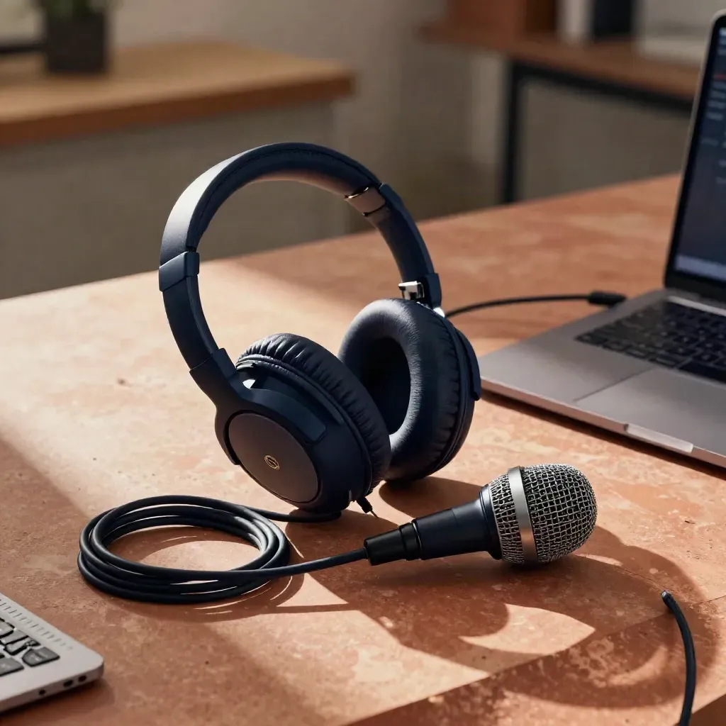Zestaw do webinaru: słuchawki, mikrofon USB, zwinięty kabel i zamknięty laptop na kamiennej płycie.