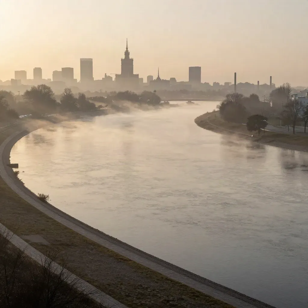 Mglisty poranek nad zakolem Wisły, sylwetka Warszawy w górze kadru.