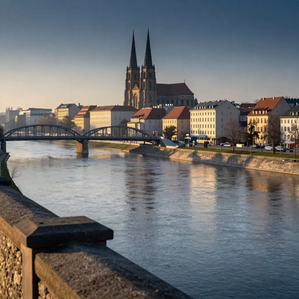 Panorama Wrocławia z katedrą, mostami i Odrą w złotym świetle